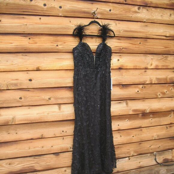 MAC DUGGAL 20889 Womens Black Sheer Applique Bustier Gown with Feather Straps - Picture 6 of 14